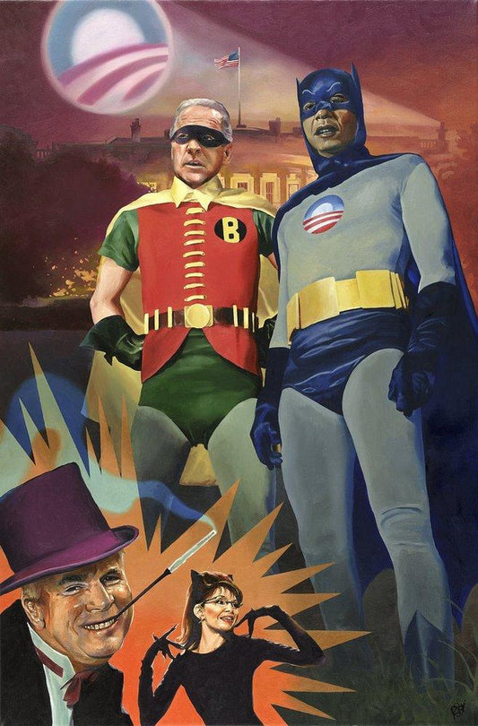 Batmobama and Robiden painting - Paul Richmond Studio